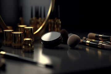 Beauty, fashion, make-up and lifestyles concept. Various woman make-up related objects background. Gold colored shades