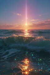 Sunset ocean landscape with sparkles and waves .Calm sea water wallpaper. poster
