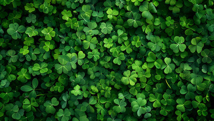 green background with dense leaves of clover in a top view - obrazy, fototapety, plakaty