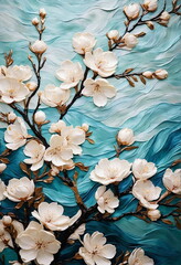 Cherry blossom on blue background painting art by Van Gogh style.Spring Floral card. Poster. Wallpaper.Flowers background.