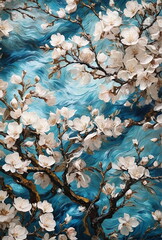 Cherry blossom on blue background painting art by Van Gogh style.Spring Floral card. Poster. Wallpaper.Flowers background.