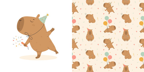 Birthday capybara and pattern with funny capybaras