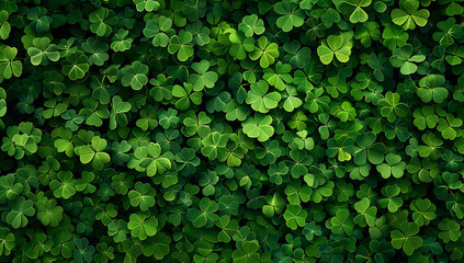 green background with dense leaves of clover in a top view - obrazy, fototapety, plakaty