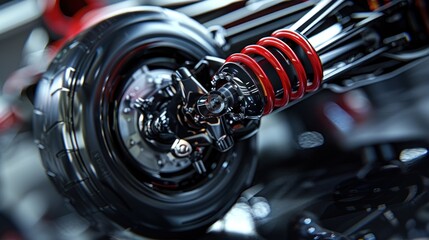 Fototapeta premium Closeup of race car shock absorber and wheel