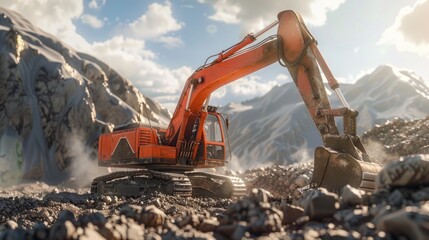 In a rocky field, a large orange excavator is digging