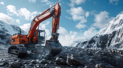 In a rocky field, a large orange excavator is digging - obrazy, fototapety, plakaty