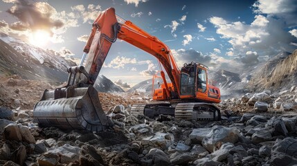 In a rocky field, a large orange excavator is digging