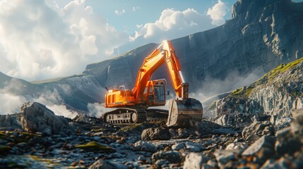 In a rocky field, a large orange excavator is digging - obrazy, fototapety, plakaty