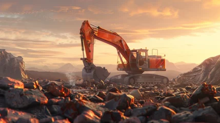 Foto op Canvas In a rocky field, a large orange excavator is digging © somchai20162516