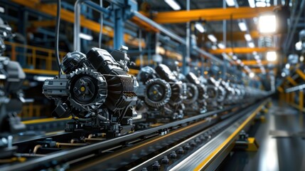 Production line for producing engines in a new car engine factory, engines on the line