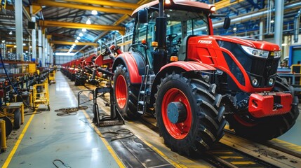 Tractor production Assembly line inside an agricultural machinery factory Installing parts on the tractor body