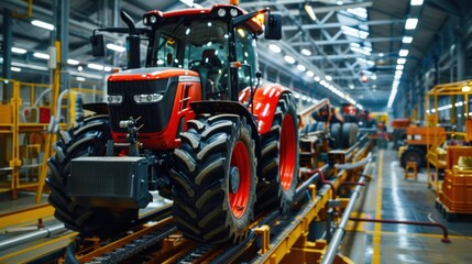 Tractor production Assembly line inside an agricultural machinery factory Installing parts on the...