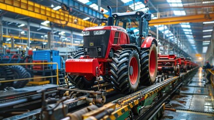 Tractor production Assembly line inside an agricultural machinery factory Installing parts on the...