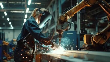 Young engineer works diligently in advanced robot welding factory in modern technology world