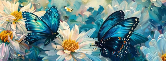 blue tropical butterflies on chrysanthemum flowers painted with oil paints  - obrazy, fototapety, plakaty