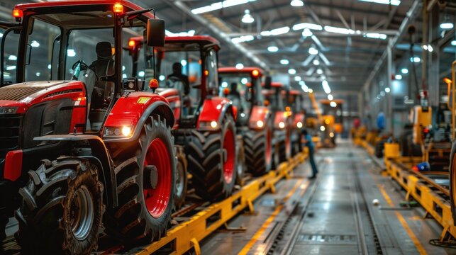 Fototapeta Tractor production Assembly line inside an agricultural machinery factory Installing parts on the tractor body
