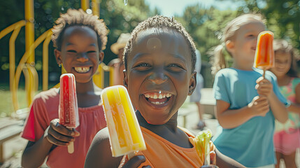 Smiling black kid with friends holding popsicles on a sunny day