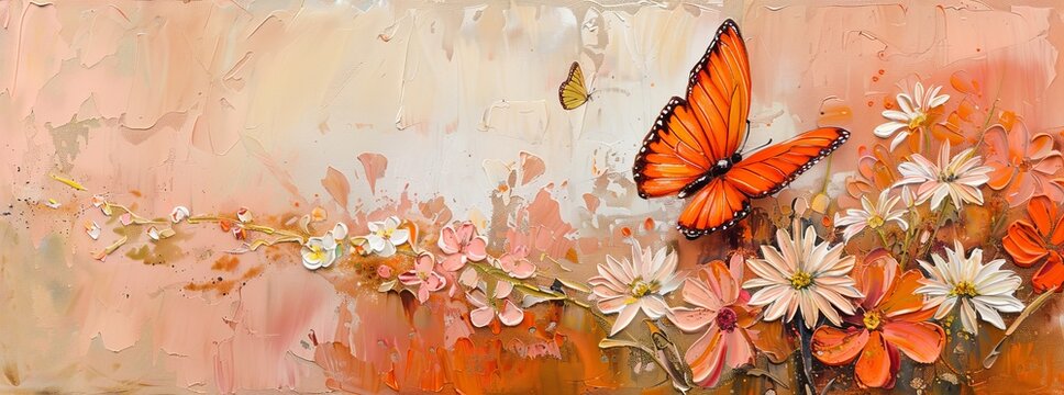 spring flowers on meadow in peach tones and bright orange butterfly painted on canvas