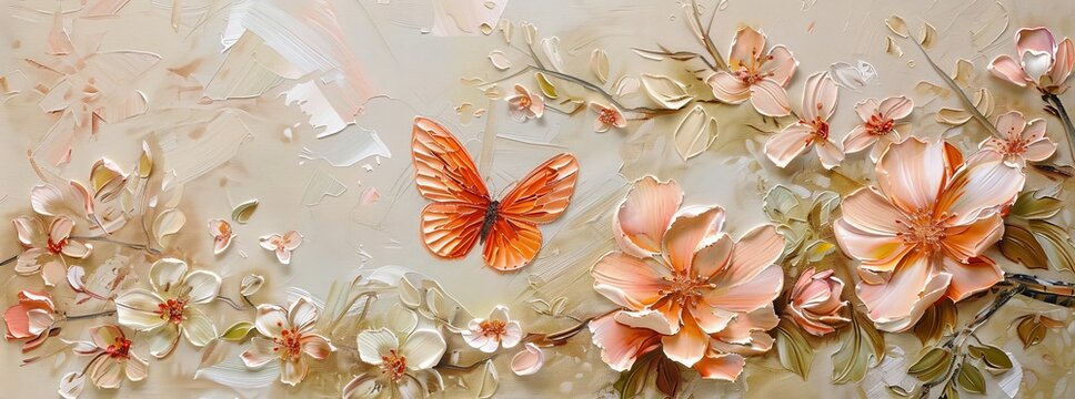 spring flowers painted with oil paints and bright orange butterfly
