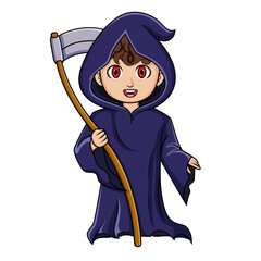 Boy wearing grim reaper costume with scythe