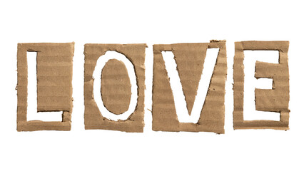A word "love" crafted from a cardboard