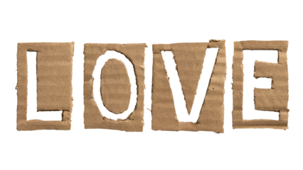 A word "love" crafted from a cardboard
