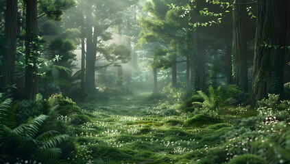 The sun's rays filter through the trees in a foggy forest, creating a magical natural landscape...