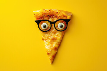 Funny pizza slice with googly eyes on a vibrant yellow background next to a blank piece of paper