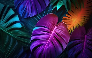 Tropical leaves with neon purple lighting