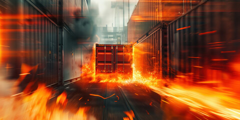 Fire outbreak with smoke and flames in an industrial warehouse, emergency situation, danger of explosion and destruction - obrazy, fototapety, plakaty