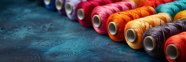 Colorful Threads on Spools Isolated on Blue Back,
Threads of different colors on a blue background
