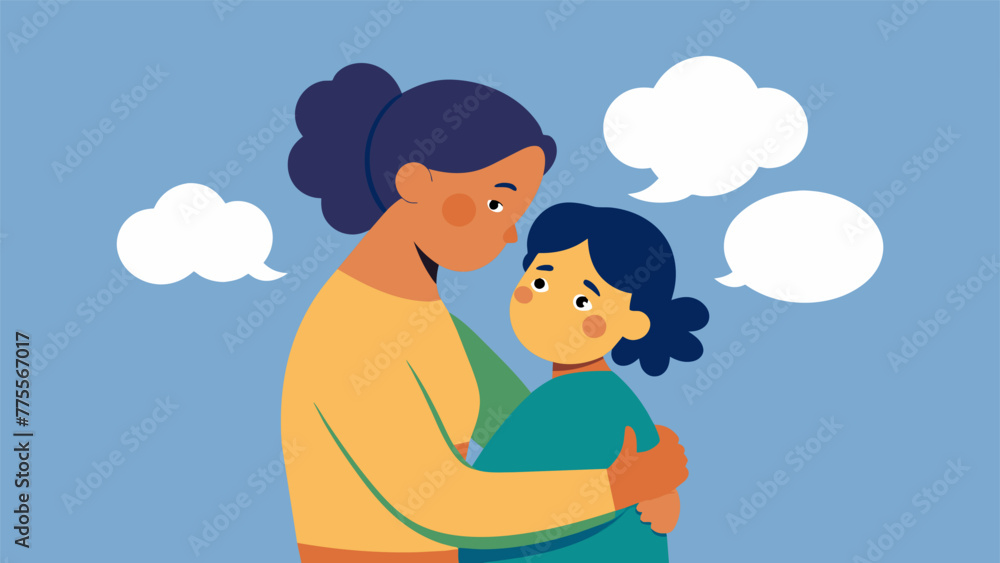 Poster a closeup illustration of a parent and child hugging with thought bubbles showing their internal dia