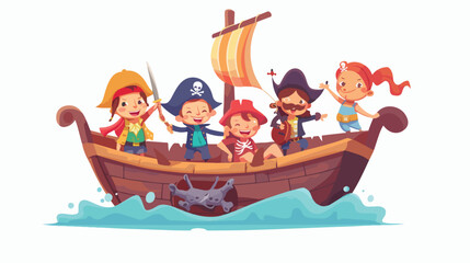 Kids in a pirate boat 2d flat cartoon vactor illust