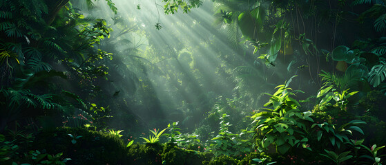 The sun's rays filter through the trees in a foggy forest, creating a magical natural landscape...