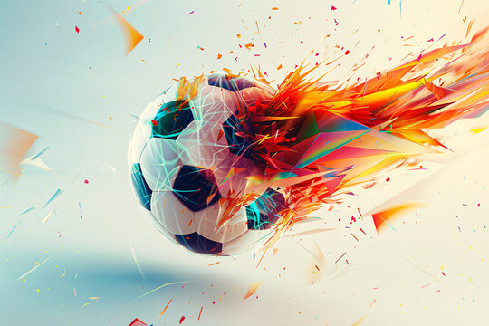 An explosive abstract graphic design featuring a soccer ball bursting into dynamic geometric shapes, conveying energy and movement