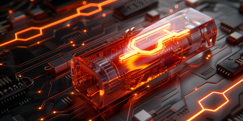 A close up of a circuit board with orange and black lights,Futuristic technology scene Intricately designed computer components

