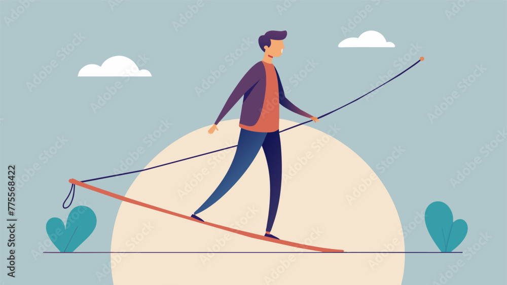 Poster a person standing on a tightrope with a balancing pole in hand. on one side the rope is thick and sy