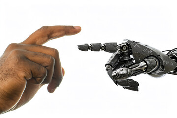 Naklejka premium Human Hand Touching a Robotic Hand in a Gesture of Connection and Technology Integration