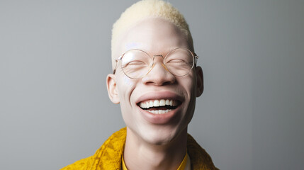 studio portrait of albino African American man with blue eyes