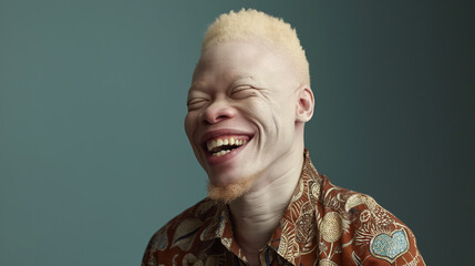 studio portrait of albino African American man with blue eyes