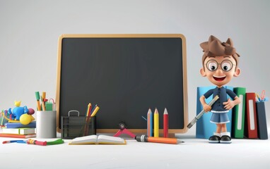 3D cartoon character of little boy with blank wooden learning blackboard with scattering school supplies background. 3D display