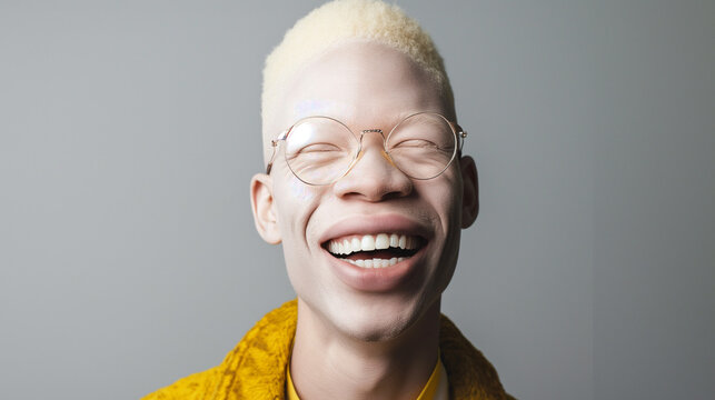 studio portrait of albino African American man with blue eyes