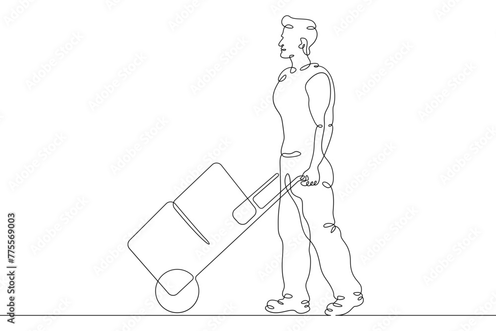 Poster one continuous line.porter.the loader carries boxes on a cart.the loader delivers the goods in boxes