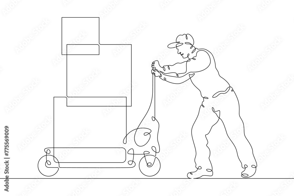Poster one continuous line.porter.the loader carries boxes on a cart.the loader delivers the goods in boxes