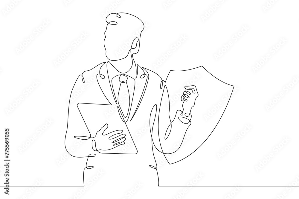 Poster one continuous line.information security policy. man with laptop and shield. protection of informati