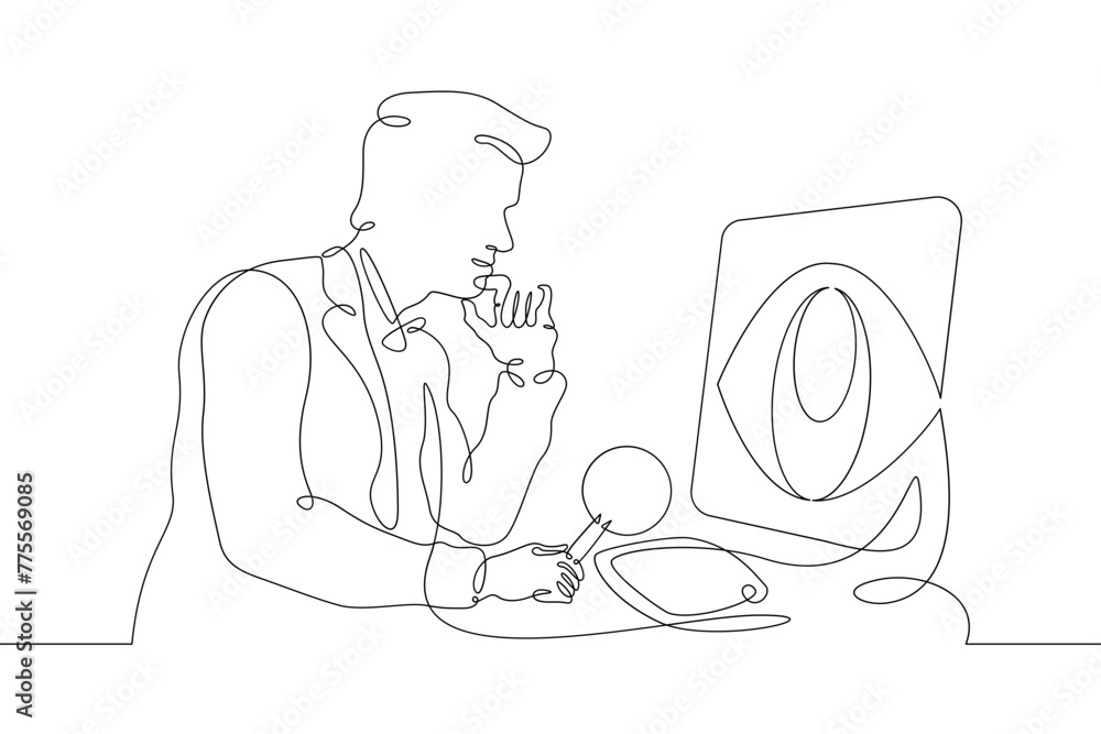 Poster one continuous line.information security policy. the man behind the monitor. eye on the screen. prot