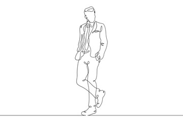 One continuous line.Man in a business suit. A beautifully dressed male character. Businessman in an expensive suit and tie.One continuous line is drawn on a white background.