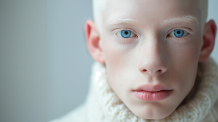 studio portrait of albino man with blue eyes