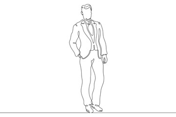 One continuous line.Man in a business suit. A beautifully dressed male character. Businessman in an expensive suit and tie.One continuous line is drawn on a white background.