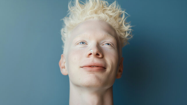 studio portrait of albino man with blue eyes